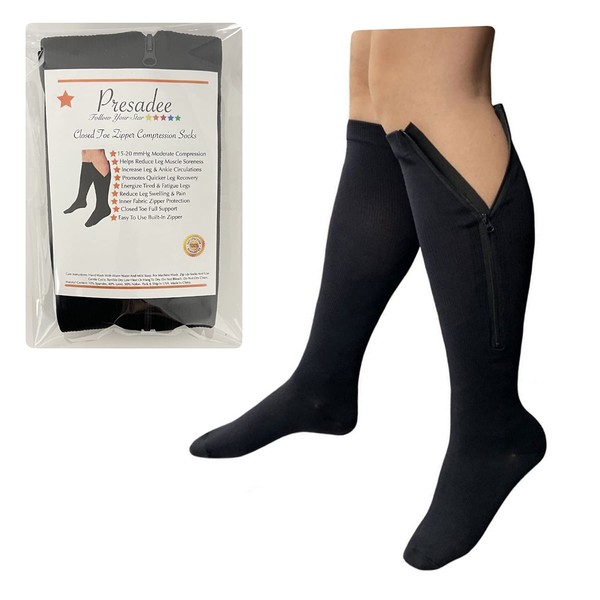 Presadee Calcetines de compresión moderada de 15 a 20 mmHg para circulación de piernas (grande-XL, negro)