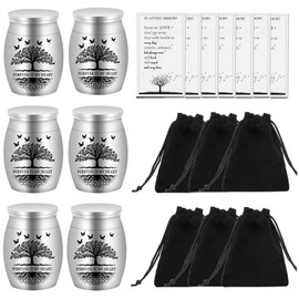 AIOMOB 6 Set Small Urns for Ashes Tree of Life Cremation Urns 1.57 Inch Silver Ashes Keepsake Funeral Urn with Memorial Cards and Velvet Bag for Human/Pet Ashes-Forever in My Heart
