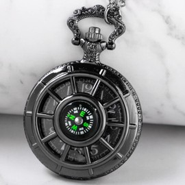 Tiong Black Men's Hollow-Out Compass Quartz Pocket Watch, Rudder Hollow Arabic Digital Dial Quartz Pocket Watches with Chain for Men