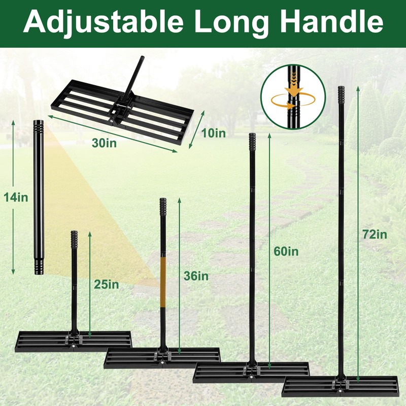 Ocean Ice Lawn Leveling Rake 30x10, 25-72" Adjustable Long Handle