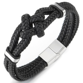 COOLSTEELANDBEYOND Black Braided Leather Bracelet, Friendship Bracelets, Nautical Knot Men's Sweatband, Stainless Steel Clasp, Black leather, No gemstone