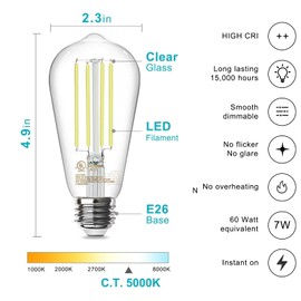 TJOY 12 Pack Edison Light Bulbs 60W Equivalent, Dimmable Vintage LED Light Bulbs, 5000K Daylight, E26 Medium Base, ST58, 8W, 800LM, 80+ CRI, Antique Decorative Filament LED Bulb, Clear Glasses.