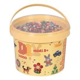 Hama Midi Beads Bucket, Approx.10.000 Fuse Beads, Mosaic Decoration Arts & Craft Kit for Creative Children Ages 5+, 5 Coloured Peg Boards, Assorted Colours of Beads