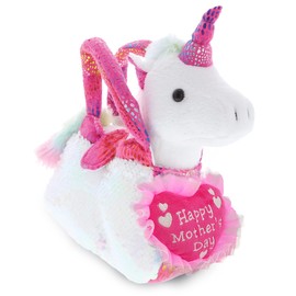 DolliBu Happy Mother's Day Pink Unicorn Plush Pet Carrier - Cute Stuffed Animal Purse with Pink Heart Message for Best Mommy, Grandma, Wife, Daughter - 9" Inches