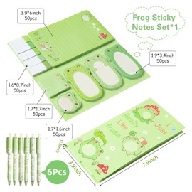BENIFILE 57 PCS Animal Themed Stationary Set, 550 Sheets Frog Sticky Note Set & 50 PCS Frog Sticker & 6 PCS Ballpoint Retractable Frog Pens, Cute Office Supplies, Cute Frogs Cute Stationery Set (Frog)