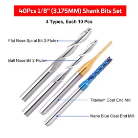 40Pcs End Mill Bits Set 1/8" Shank, Mcwdoit CNC Router Bits Cutting Milling Tool Engraving Cutter Including Flat Nose/Ball Nose End Mill, Nano Blue Coat/Titanium Coat 2 Flute CNC Router Bits