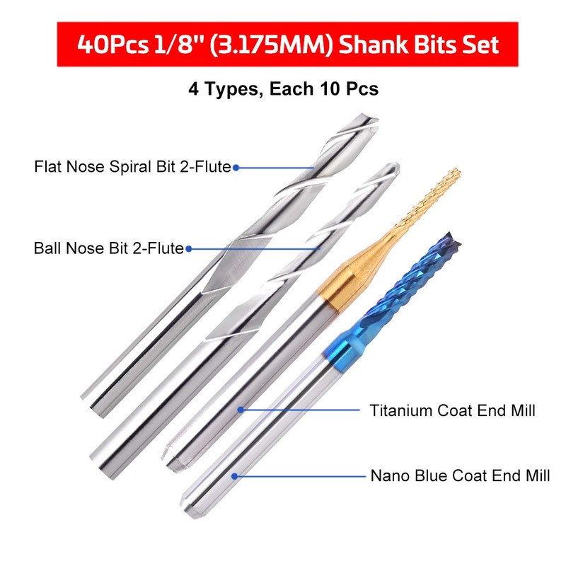 40Pcs End Mill Bits Set 1/8" Shank, Mcwdoit CNC Router