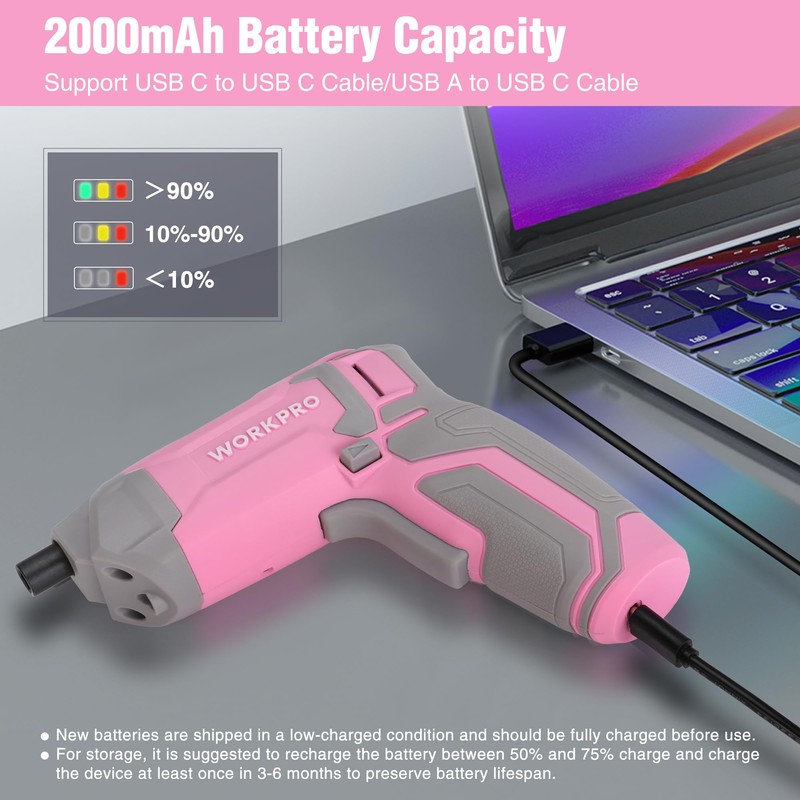 WORKPRO Pink Cordless Screwdriver Set, 3.6V Electric Rechargeable Eccentric Power