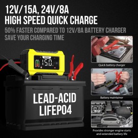 Nexpeak Best NC215 15Amp Battery Charger Trickle Charger Car 12V 24V LiFePO4 Lead Acid