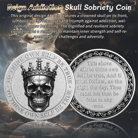 Reign Addiction Skull Sobriety Coin - to Thing Own Self be True AA Coins - Silver Recovery NA AA Chips and Medallions - Celebrate Living Clean Narcotics Alcoholics Anonymous Gifts for Men Women