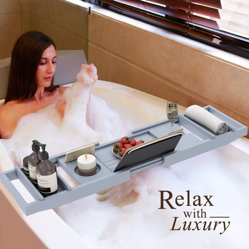 Domax Bathtub Caddy Tray Expandable Bamboo Tub Tray for Luxury