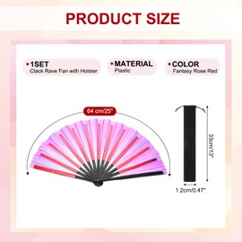 PATIKIL 13" Glitter Clack Rave Fan with Bag, Large Holder Folding Hand Fan Holder Handheld Fan for Women Edm Festival Club Party Dance, Fantasy Rose Red