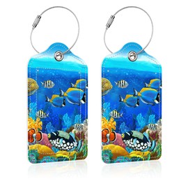 iapodiad Luggage Tags for Suitcase,2 Pack Tropical Fish Luggage Tag,PU Leather Id Label Luggage Tags with Stainless Steel Loop and Privacy Cover for Women Men Teens Travel