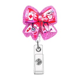 KFHENSOMR Pink Bow Badge Reel, Cute Retractable Badge Holder with Alligator Clip Syringe Acrylic Name Tag Decor Clip for RN CNA LPN Medical Worker Nursing Teacher Nurse