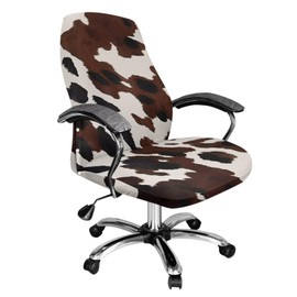 Wanyint Black Brown Cow Print Office Chair Slipcover Spandex Rotating Chair Slipcover Soft Breathable Chair Protector Cover for Desk Computer Chair with Elastic Edge, L
