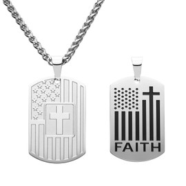 King Will 2 Pack 20" Stainless Steel Necklace with Two Alternative Pendants, Cross Pendent/National Flag Style, Silver - Three Ways to Wear, Necklace Only/With Pendaent/With Ring (Not Include) (National Flag)