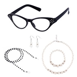 Pistha Old Lady Costume Accessories for Women Girls Kids Retro Cat Eye Glasses Beaded Chain Faux Pearl Necklace Bracelet Earring for 100th Day of School Dress Up Black