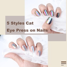 Yazikisa Chrome Fake Nails Cat Eye Tip Press on Nail Short Square Aurora False Manicure Kit Glitter Designs Gel Acrylic Artificial Fingernail Daily Wear 150 Pcs