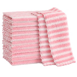 Homaxy 12 Pack Kitchen Dish Cloths, Ultra Soft and Absorbent Dish Towels, Reusable Fast Drying Microfiber Cleaning Cloth, Coral Velvet Wave Design Non-Linting, 10 x 10 inches, Pink