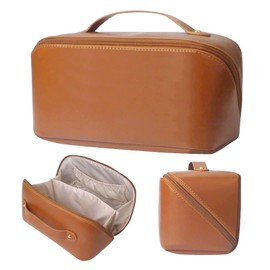 Cosmetic Bag, Extra Large Waterproof Makeup Organizer, High-Quality PU Travel Toiletry Bag for Women, Spacious Multi-Compartment Storage Pouch for Cosmetics, Skincare, Brushes, and Essentials（Brown）