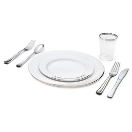 " OCCASIONS" 280 pcs/40 Guest-Full Tableware Set-Wedding Disposable Plastic Plates, Silverware, Silver Rimmed Tumblers (Combo A, White & Silver Rim)