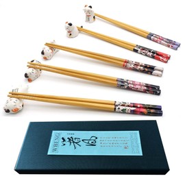 Set di 5 paia di bacchette e poggia bacchette, grazioso porta bacchette con gatto fortunato, 5 gatti, classico stile giapponese, in bambù naturale, riutilizzabili, lavabili in lavastoviglie (gattino