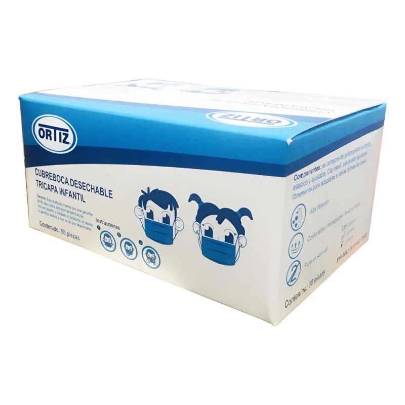 Cubrebocas Infantil Azul Caja Con 50 Ortiz (3-pack) Azul Liso