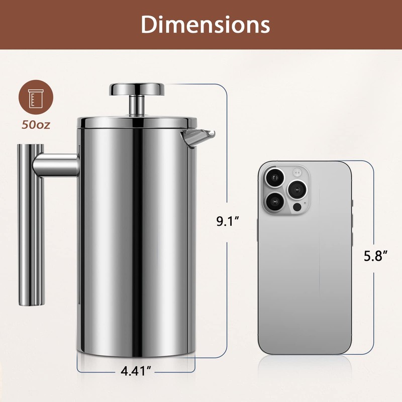 Meelio Stainless Steel French Press Coffee Maker, Double-Wall Insulated Large