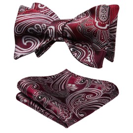HISDERN Burgundy Bow Ties for Men Self Tie Paisley Mens Bow Tie and Pocket Square Classic Business Formal Tuxedo Bowtie Handkerchief for Wedding Party