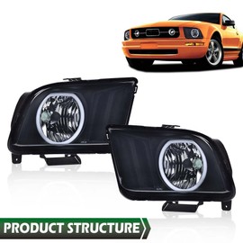 LQI LED Headlight Assembly Compatible with 2005-2009 Ford Mustang Driver & Passenger Side Smoke Lens Black Housing 4R3Z13008AB 7R3Z13008A FO2503215