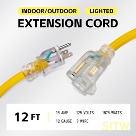 EP 12 Ft Lighted Extension Cord - 12/3 SJTW Heavy Duty Yellow Extension Cable with 3 Prong Grounded Plug - Power Cord for Lawn, Garden, Appliances