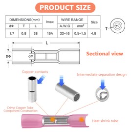 160pcs Heat Shrink Butt Connectors Kit, 22-16 AWG Heat Shrink Wire Crimp Connectors, Insulated Waterproof Electrical Wire Connectors for Ship Automotive Car Electrical Connectors Butt Terminals,Pink