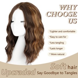 NOVFLKW Brown Highlight Short Wavy Wig for Women Shoulder Length Middle Part with Pre Cut Lace Hairline Wavy Wig Natural Appearance Synthetic Heat Resistant Fiber for Everyday Hairstyle 16 Inch