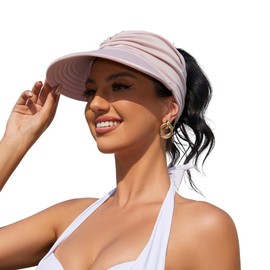 Womens Sun Visor Hat Wide Brim Summer Sun Hats UPF 50+ UV Protection Beach Hats Foldable Golf Visor for Women Pink