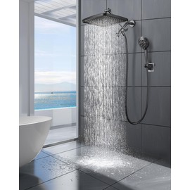 Cobbe 12'' High Pressure Rain Shower Head with Extension Arm - Dual Shower Heads with 8 Modes Handheld Spray Combo - Wide RainFall shower with Anti-Clog Nozzles, Adhesive Showerhead Holder, Black