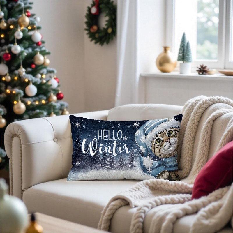 Rustic Christmas Winter Cat Pillow Covers 12x20, Cat Lover Lady