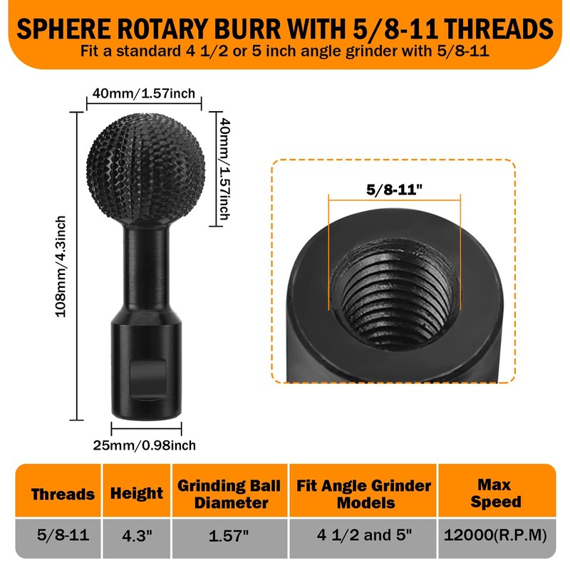 Sphere Rotary Burr,Wood Carving Tools with 5/8-11 Threads for 4