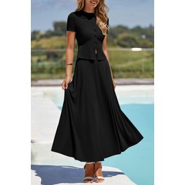 PRETTYGARDEN Women's 2 Piece Skirt Sets Summer Short Sleeve Button Up Knit Crop Top Flowy Maxi Skirts Travel Vacation Outfits, Black, Medium