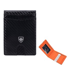 WMUVAZA Men's Slim RFID Blocking Wallet with Money Clip, Carbon Fibre Leather Wallet, Carbon Wallet, for Men, Black Orange Colour, black