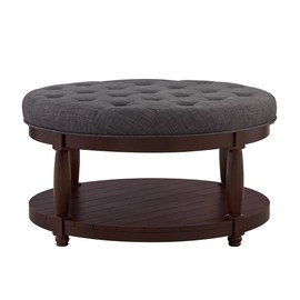 24KF Upholstered Round Coffee Table with Wooden Shelf, Tufted Button Large Round Ottoman with Spindle Wooden Legs, Linen Large Footrest Ottoman Pouf for Living Room, Dark Gray