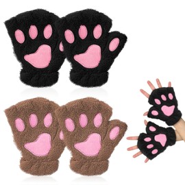 EUPSIIU Women's Fingerless Gloves, Thick Plush Gloves, Finger Gloves, Warm Cat Claw Bear Paw Plush Mittens, Winter Mittens, Pack of 2, Black, Khaki