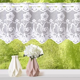 heimtexland ® Net Curtain Jacquard Flowers Bow Border Curtain White Window Decoration Bistro Curtain Type 261 H x W 30 x 180 cm