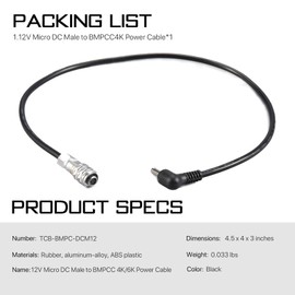 TILTA 12V Micro DC Male to BMPCC 4K/6K Power Cable Compatible with All Focus and Power Side Handles TCB-BMPC-DCM12