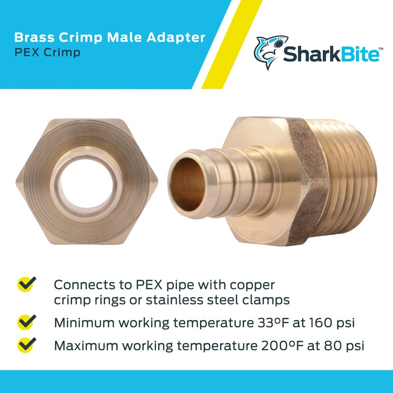 SharkBite 1/2 Inch Crimp MNPT Male Adapter, Brass Plumbing Fitting,