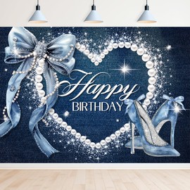 Newsely Denim and Diamonds Bow Backdrop 7Wx5H Photography Blue Coquette Happy Birthday for Women Girls Birthday Banner Background Silver High Heels Party Decorations Banner Photo Booth Props Supplies