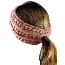 C.C Cable Knit Fuzzy Forrado Calentador de Oídos Cola de Caballo Diadema Pony, Rosado indi, Talla única