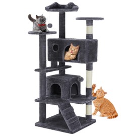 54in Cat Tree, Indoor cat high-Rise Multi-Story Tower, pet playroom with Large Apartment (Gray)