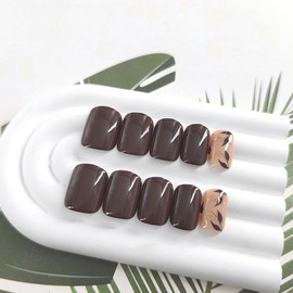 Short Press on Nails Square Fake Nails with Leaves Designs Brown Nails Press ons Golden Glitter Glue on Nails Cute False Nails Autumn Artificial Stick on Nails for Women 24Pcs