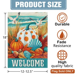 Dyrenson Welcome Fall Pumpkin Beach Decorative Garden Flag, Coastal Autumn Shell Seabirds Yard Outside Home Decoration, Thanksgiving Maple Leaves Nautical Burlap Outdoor Small Decor Double Sided 12 x 18