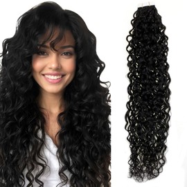 RUNATURE Curly Tape in Hair Extensions Human Hair Black Tape in Extensions Human Hair Natural Wave Tape in Real Hair Extensions Natural Black for Women 22 Inch 50g 20pcs